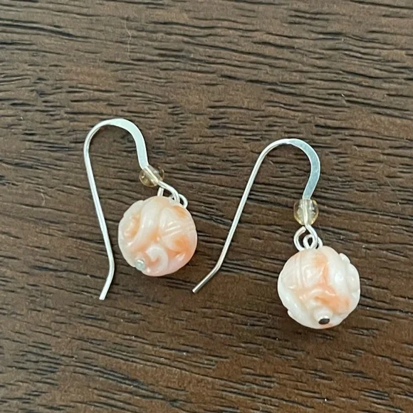 Hand carved undyed angel skin coral solid sterling silver drop hoop earrings - Picture 6 of 7